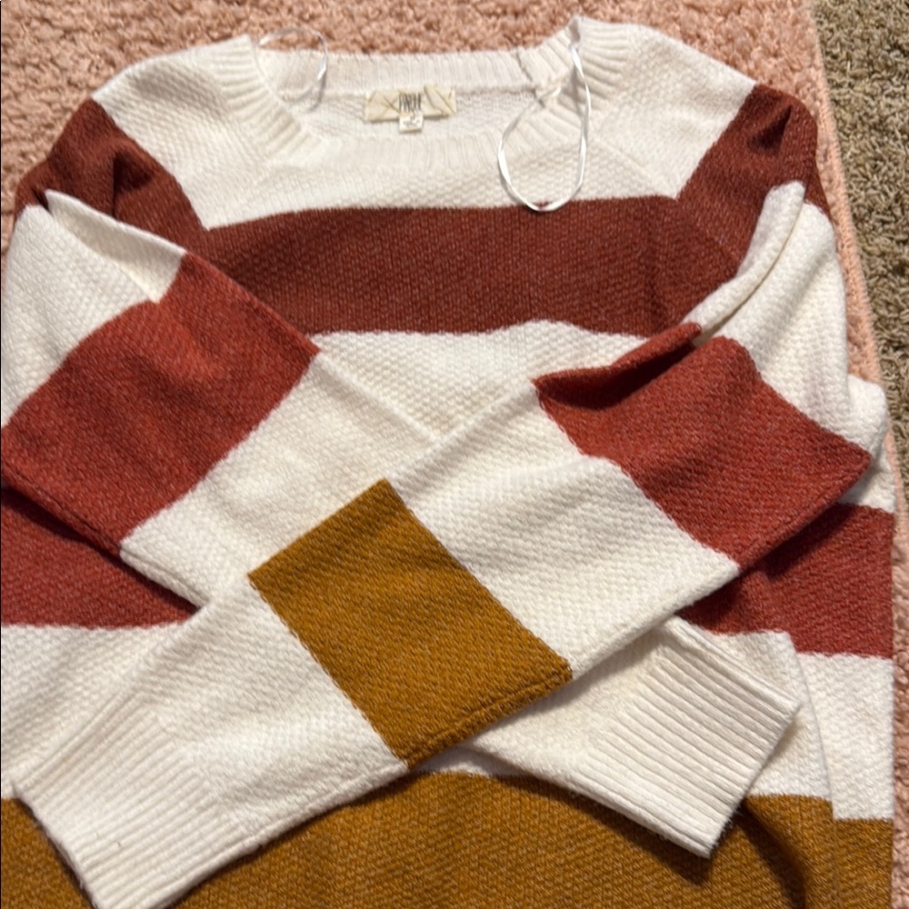 Bold Red and White Crew Neck Sweater with Stripes